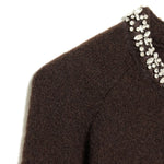 Long sleeved round neck jewelry bead collar knitted sweater