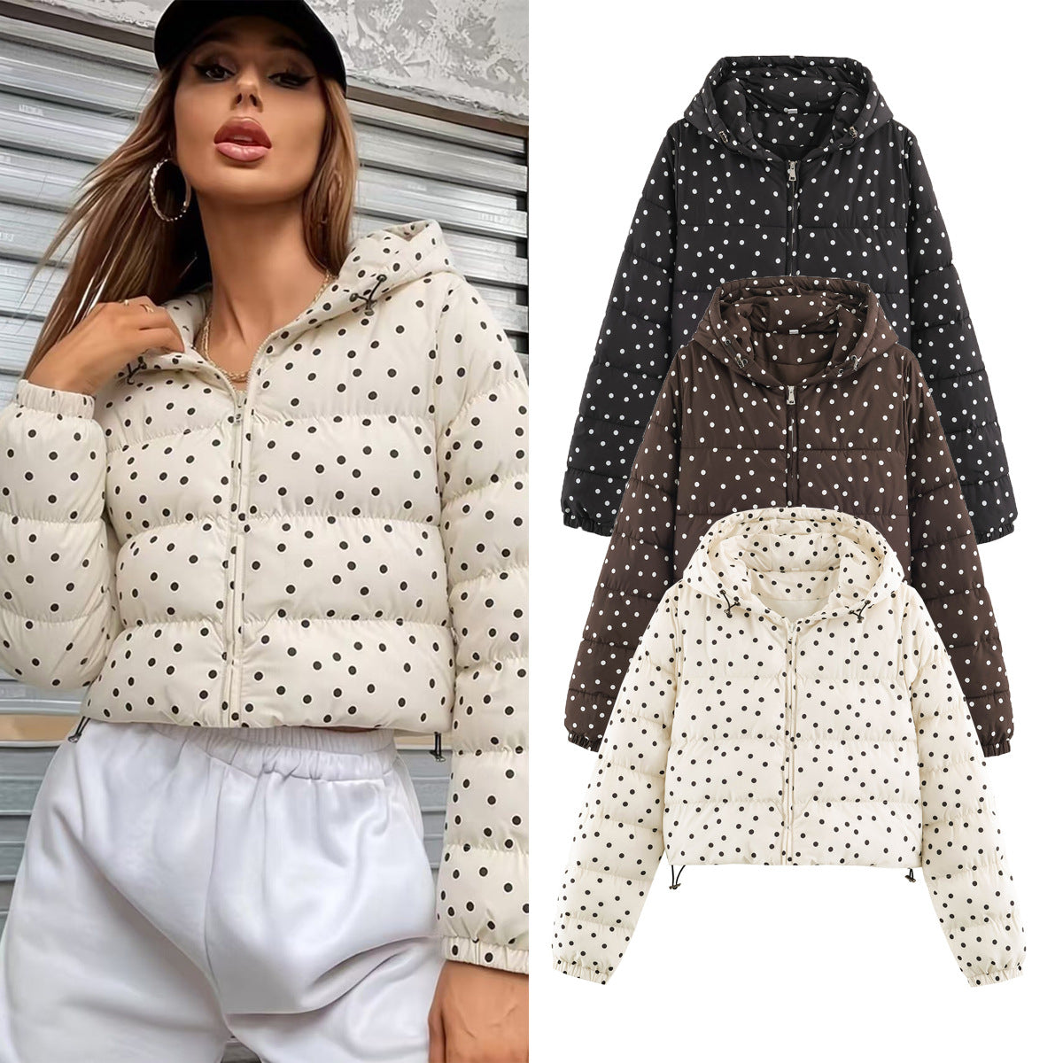 Zipper hooded polka dot cotton jacket for women