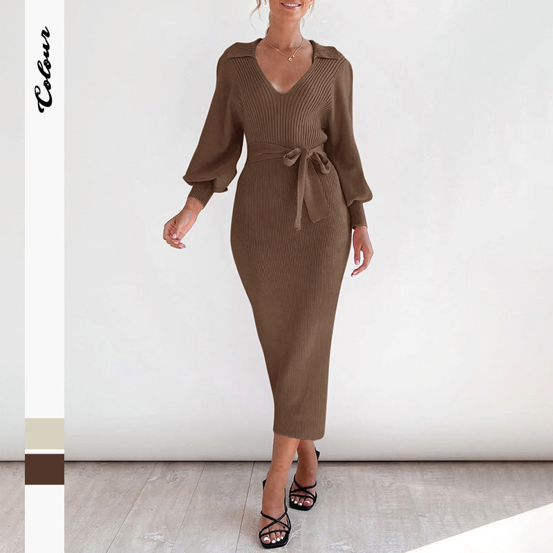 Vestido largo de punto con manga farol y cintura ajustada