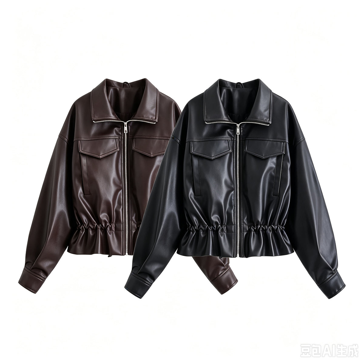 Pocket hem drawstring waist cinching leather jacket for women