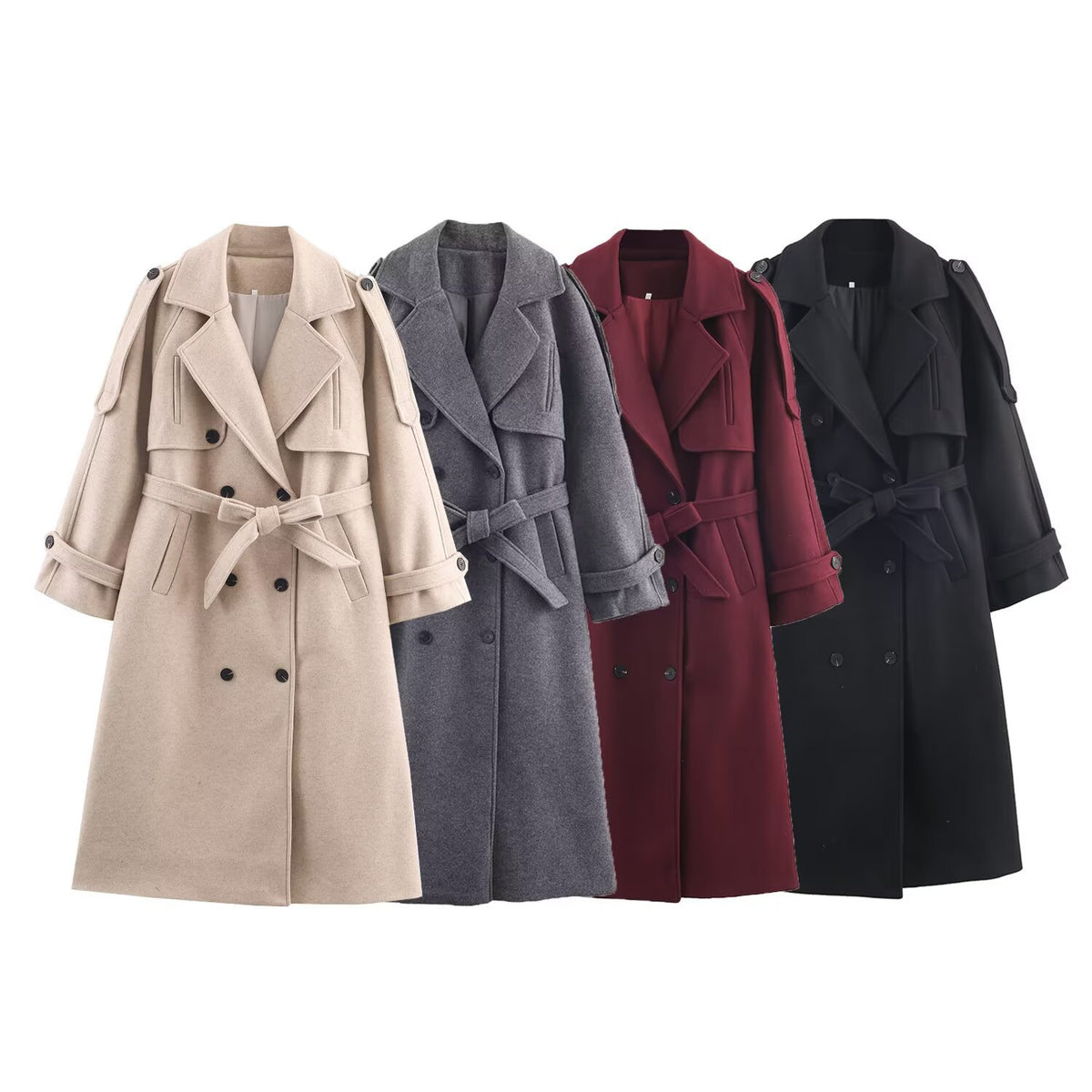 Women's long woolen coat with belt and jacket