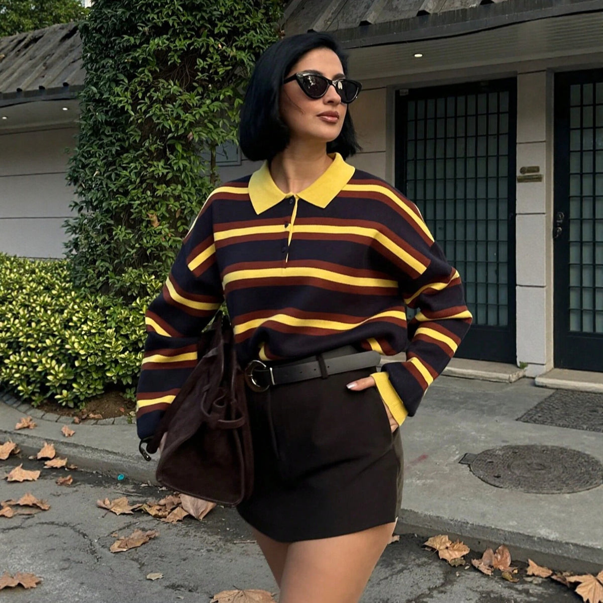 Color blocked striped Polo loose pullover sweater