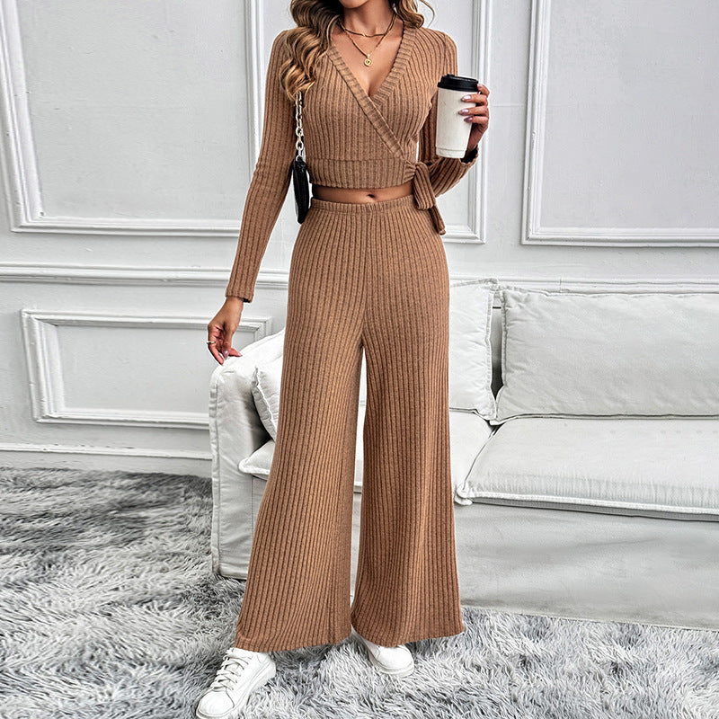 Conjunto de dos piezas para mujer con textura, manga larga y lazada