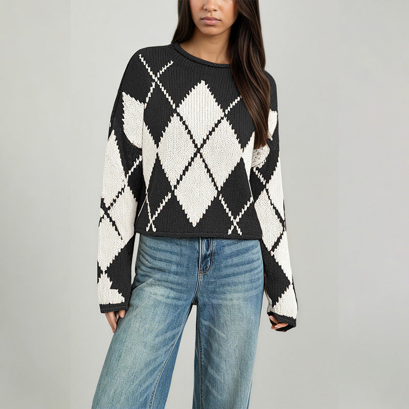 Jersey holgado de rombos para mujer con cuello redondo y manga larga