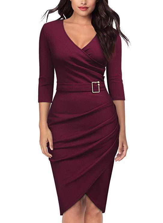 Vestido de mujer con escote en V y manga tres cuartos para oficina, cenas y fiestas de otoño e invierno