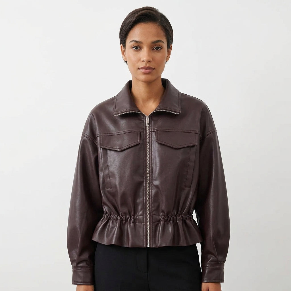 Pocket hem drawstring waist cinching leather jacket for women