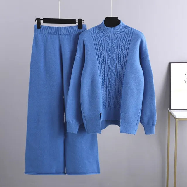 Conjunto de dos piezas para mujer con jersey y pantalón de pierna ancha, grueso y abrigado.