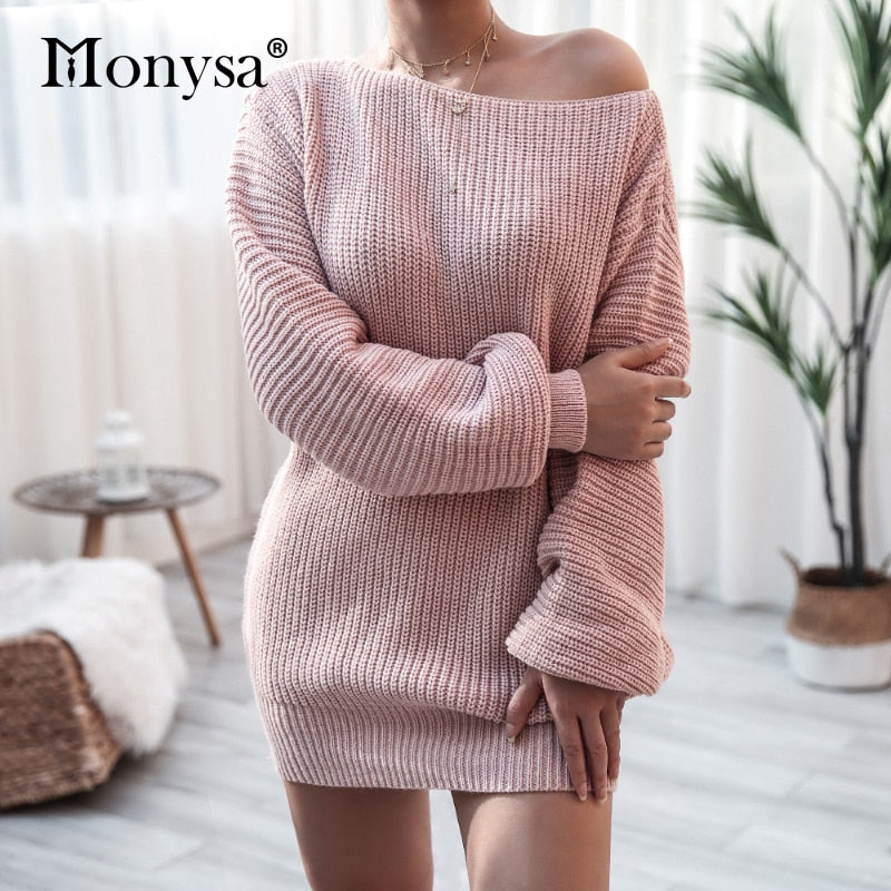 Vestido de punto para mujer con hombros descubiertos y manga larga abullonada, para otoño e invierno