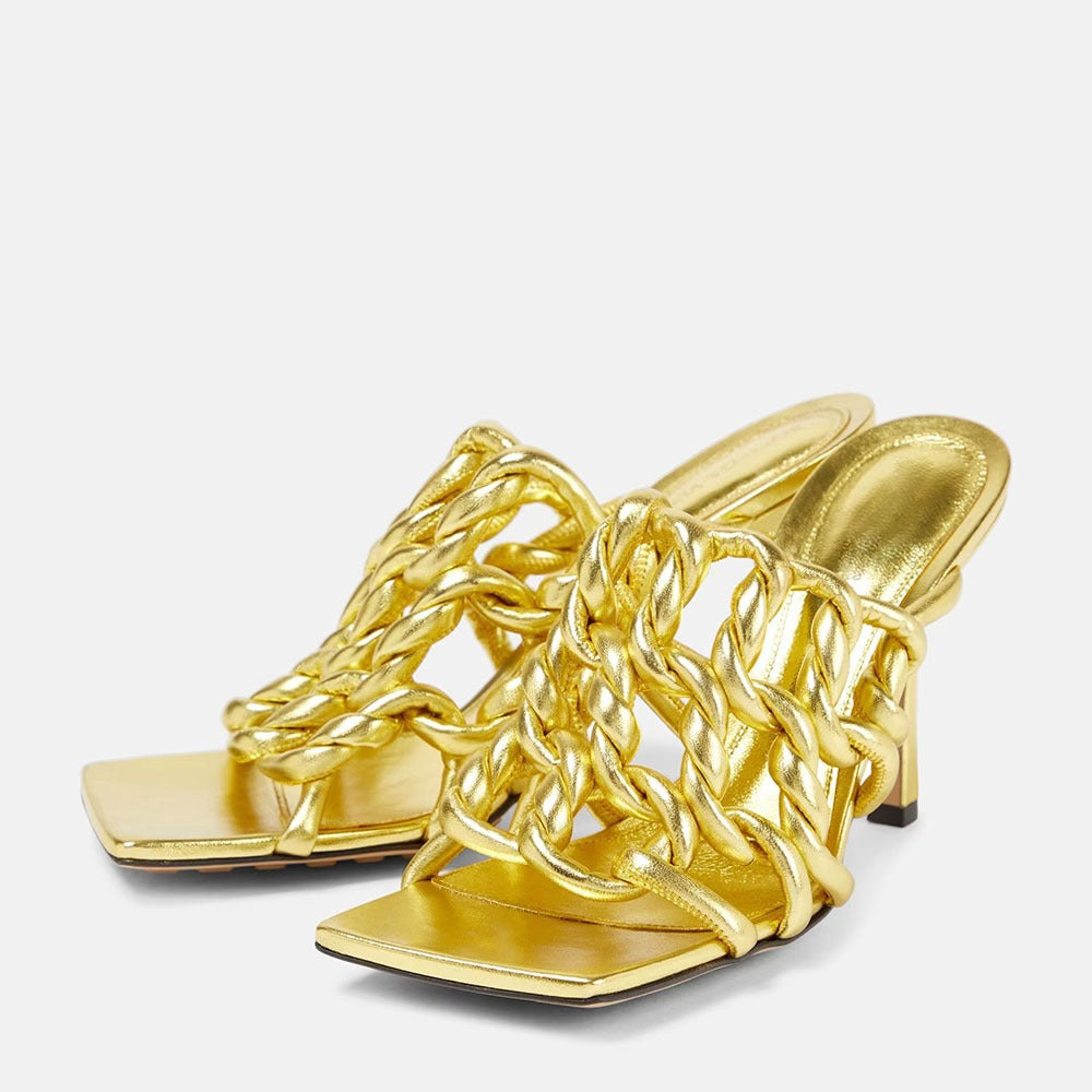 Sandalias trenzadas para mujer con punta cuadrada, tiras cruzadas y tacón alto