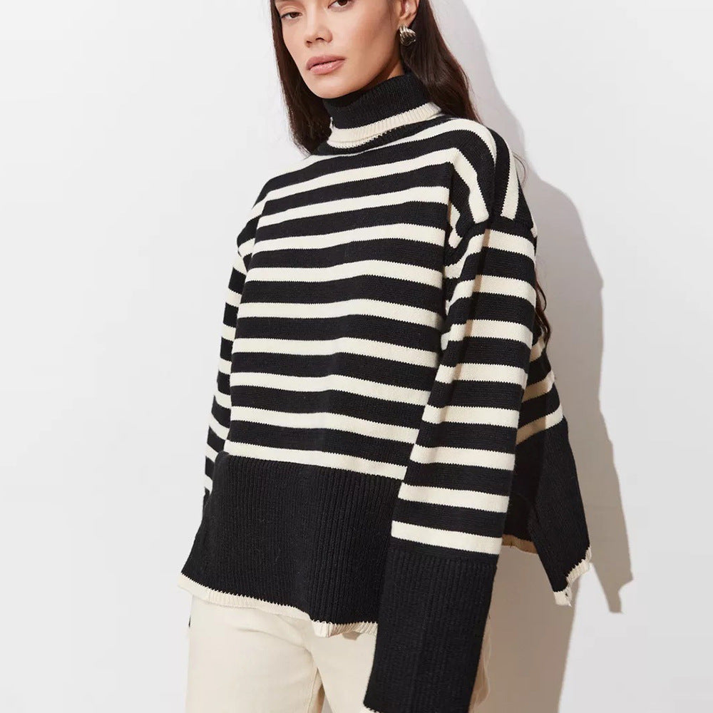 High Neck Stripe Knitwear Women's Top
