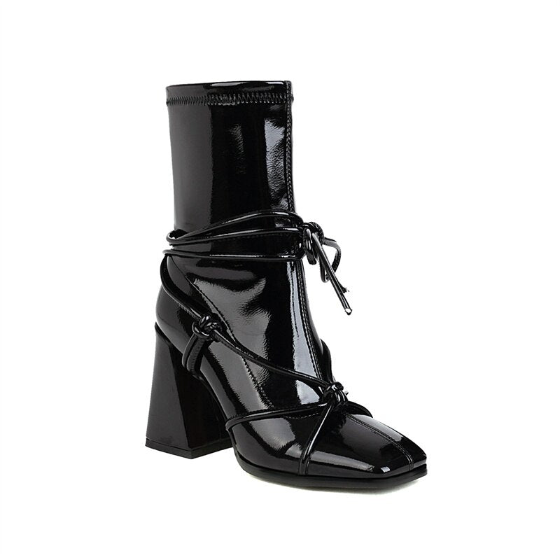 Botines negros de tacón alto para mujer, estilo gladiador punk, para otoño e invierno