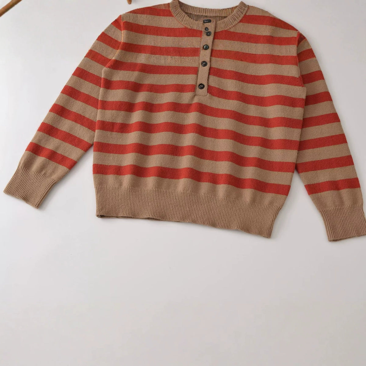 Button up stand up collar long sleeved striped knitted sweater for women