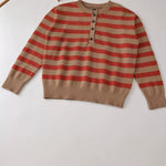 Button up stand up collar long sleeved striped knitted sweater for women