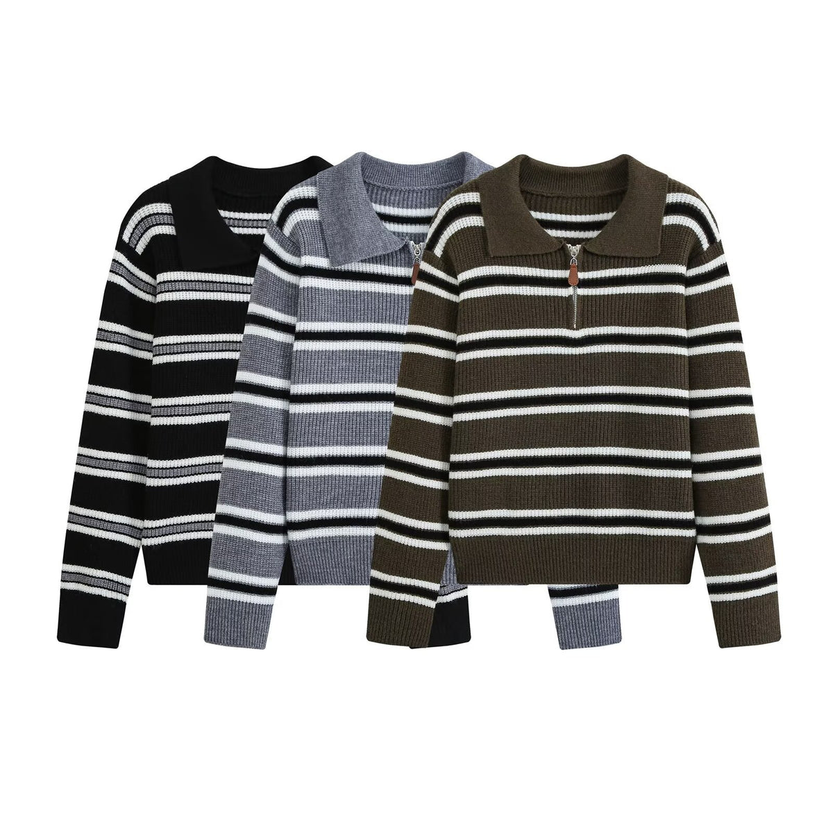 Slim zipper decoration POLO collar striped knit sweater for women