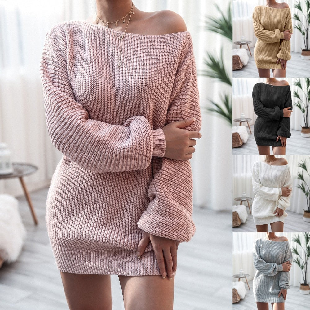Vestido de punto para mujer con hombros descubiertos y manga larga abullonada, para otoño e invierno