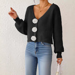 Women's Knit Sweater, Cropped Cardigan with Hand-Crocheted Floral Decoratio