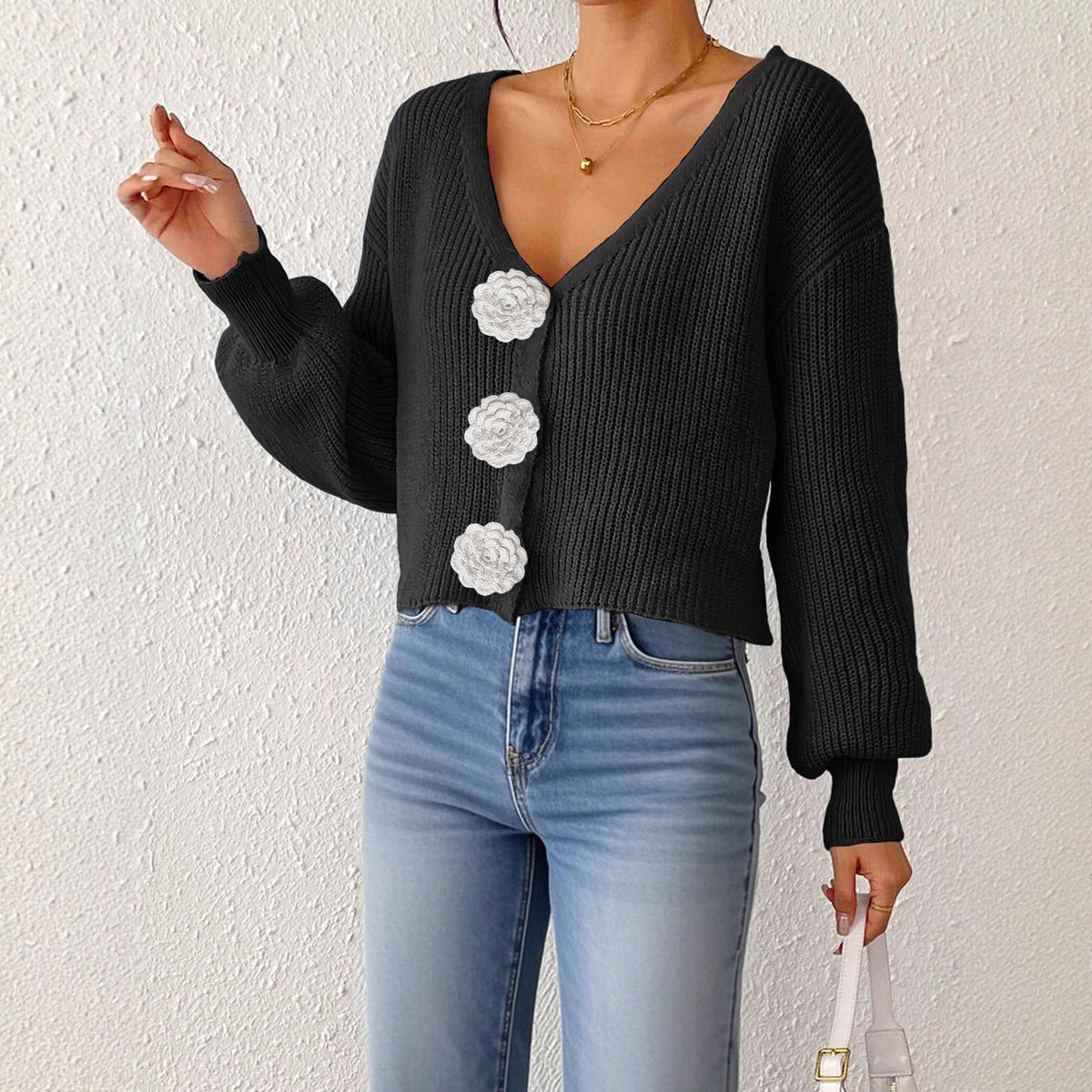 Women's Knit Sweater, Cropped Cardigan with Hand-Crocheted Floral Decoratio