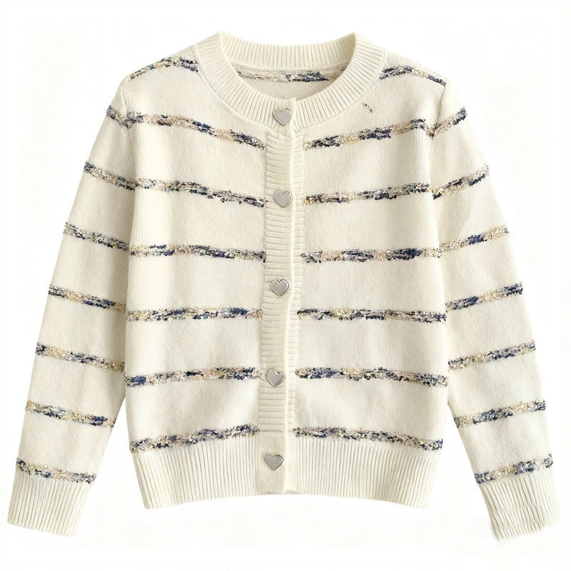 Striped cardigan with heart-shaped button sweater