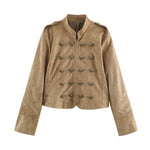 Knot button embellished suede textured stand up collar jacket for women