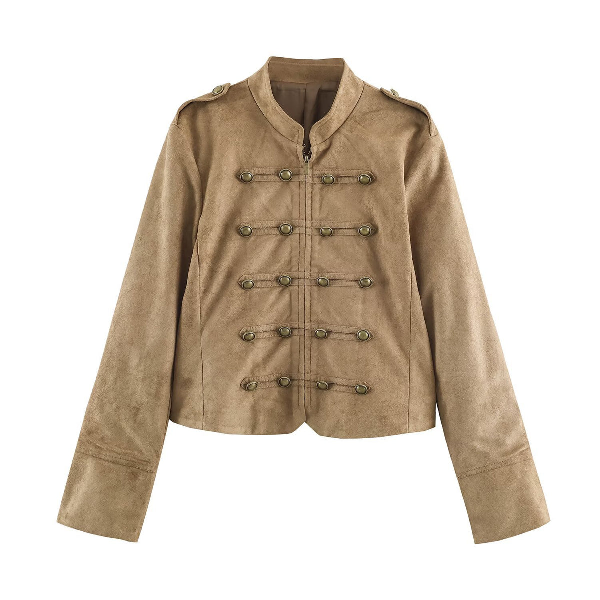 Knot button embellished suede textured stand up collar jacket for women