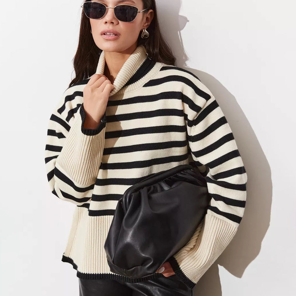 High Neck Stripe Knitwear Women's Top