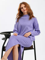 Conjunto de punto de dos piezas para mujer con jersey de cuello alto y falda larga recta, abrigado para invierno.