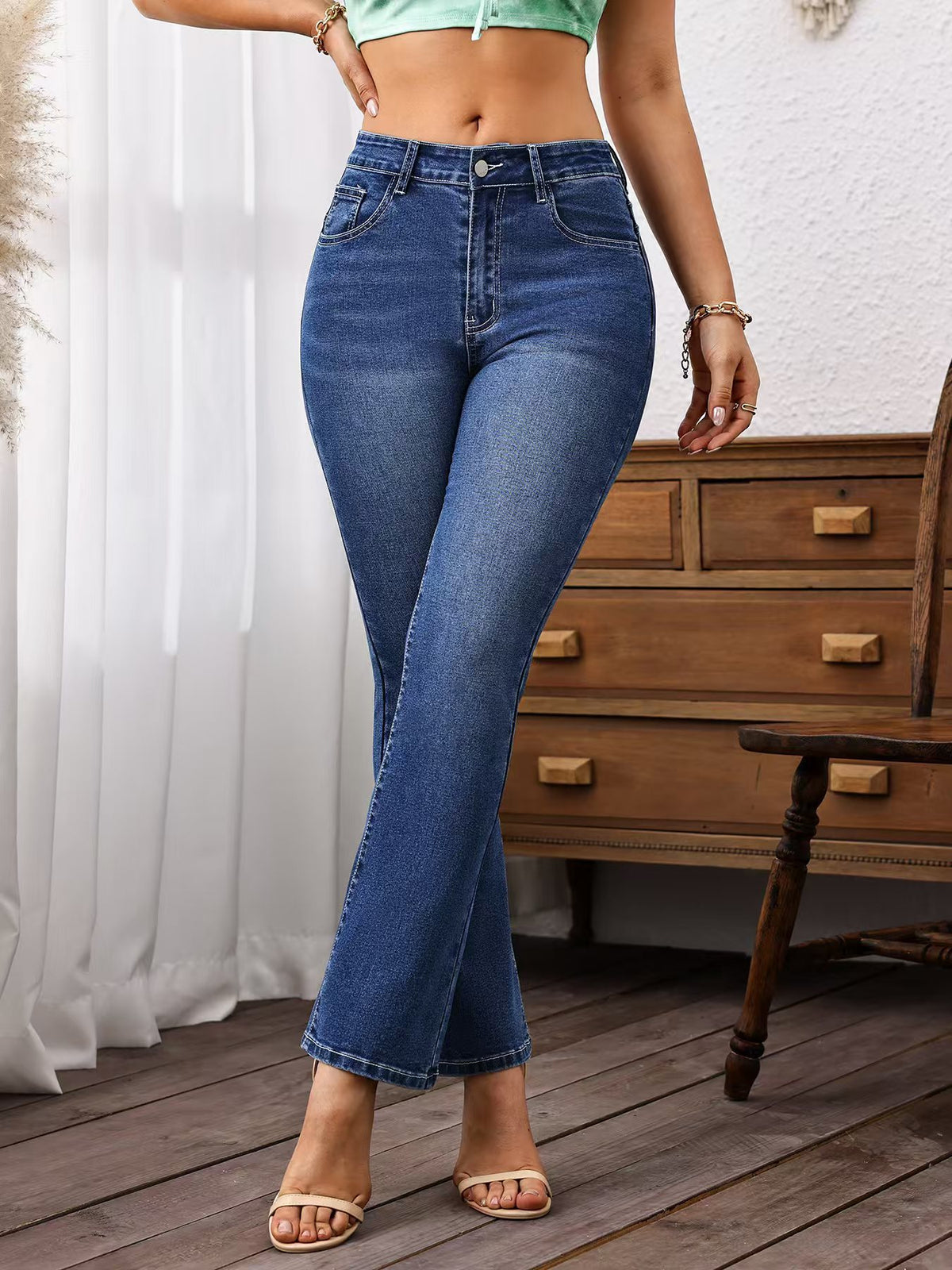 Classic Stretch Denim Jeans Women, Embroidered Blue Denim Cotton, Fashion Style, High Waist, Elastic Waistband, Casual Wear