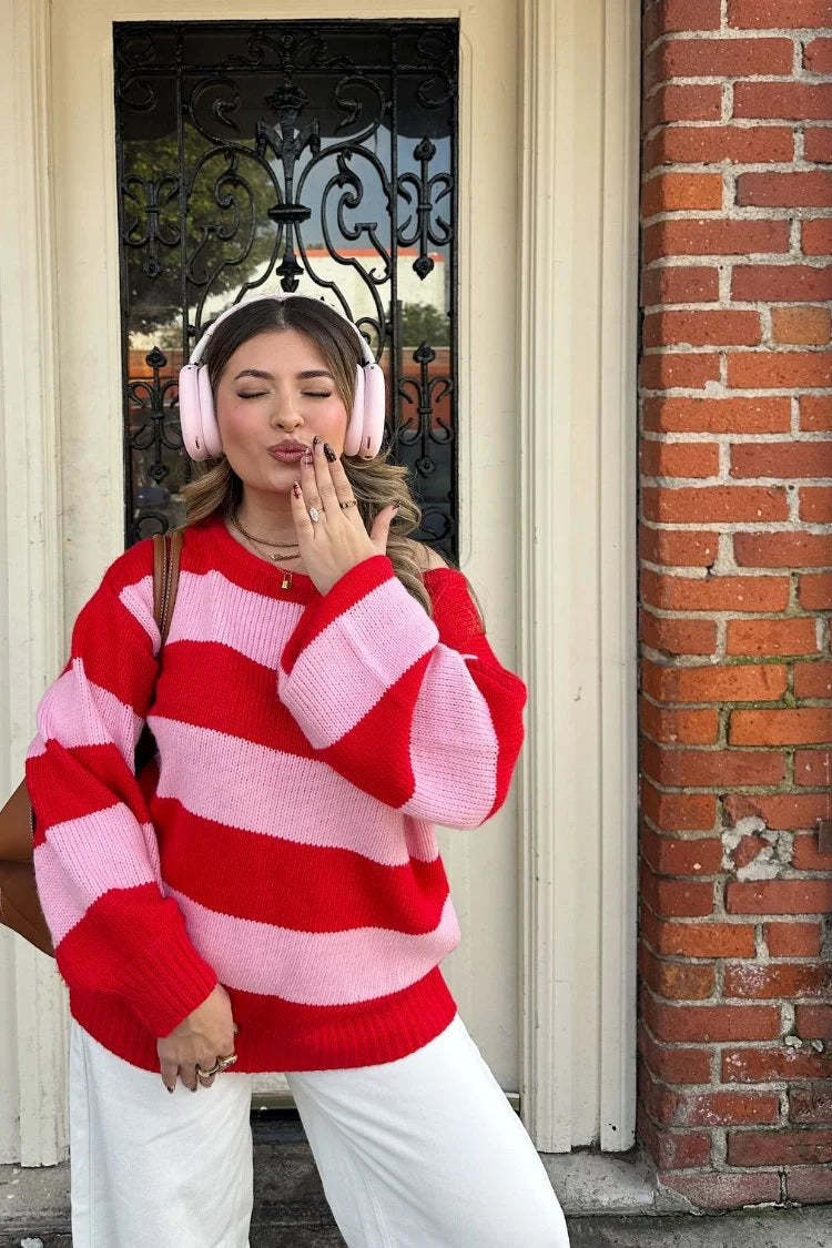Striped round neck loose pullover sweater