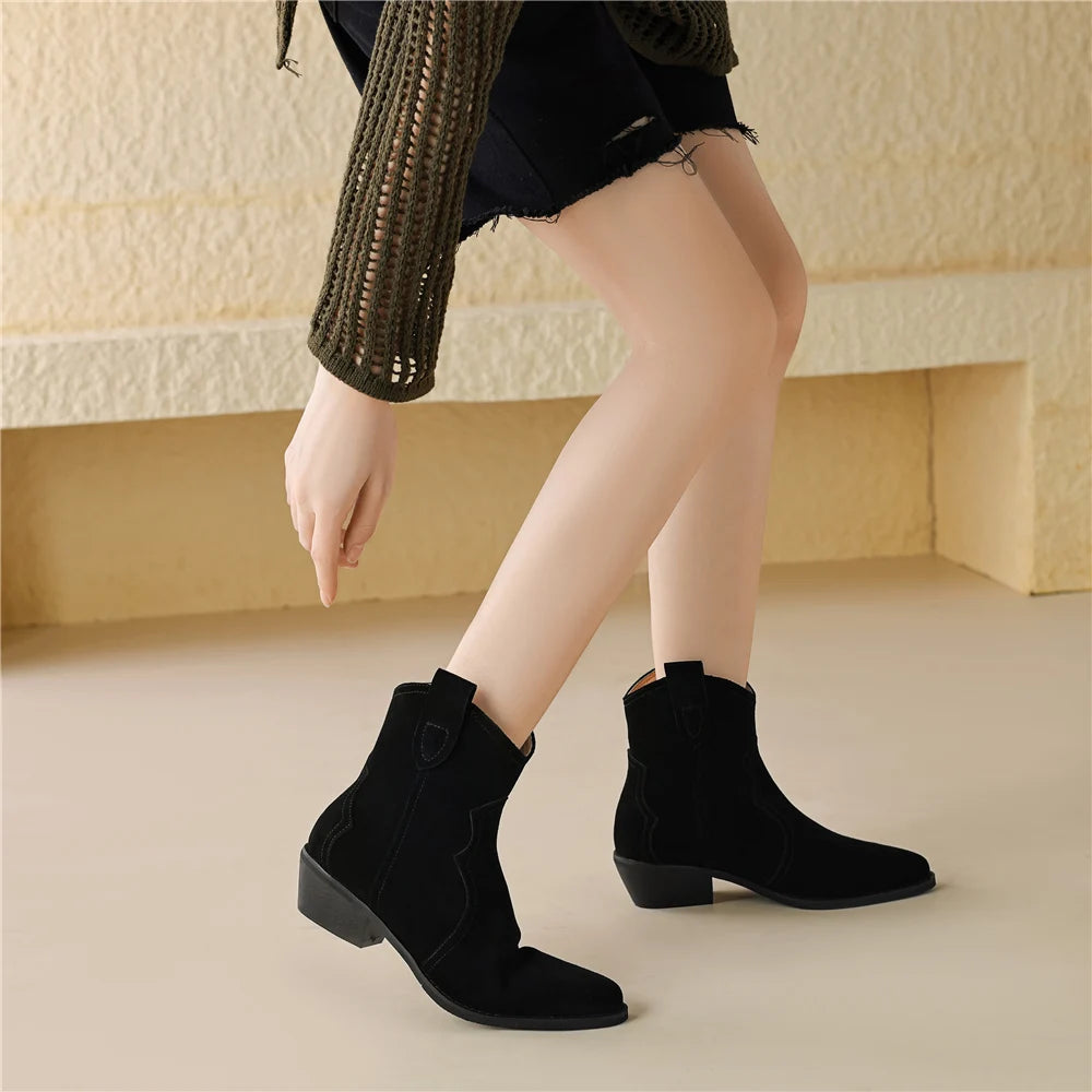 Botines de ante para mujer con tacón ancho, estilo retro para otoño e invierno