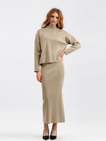 Conjunto de punto de dos piezas para mujer con jersey de cuello alto y falda larga recta, abrigado para invierno.