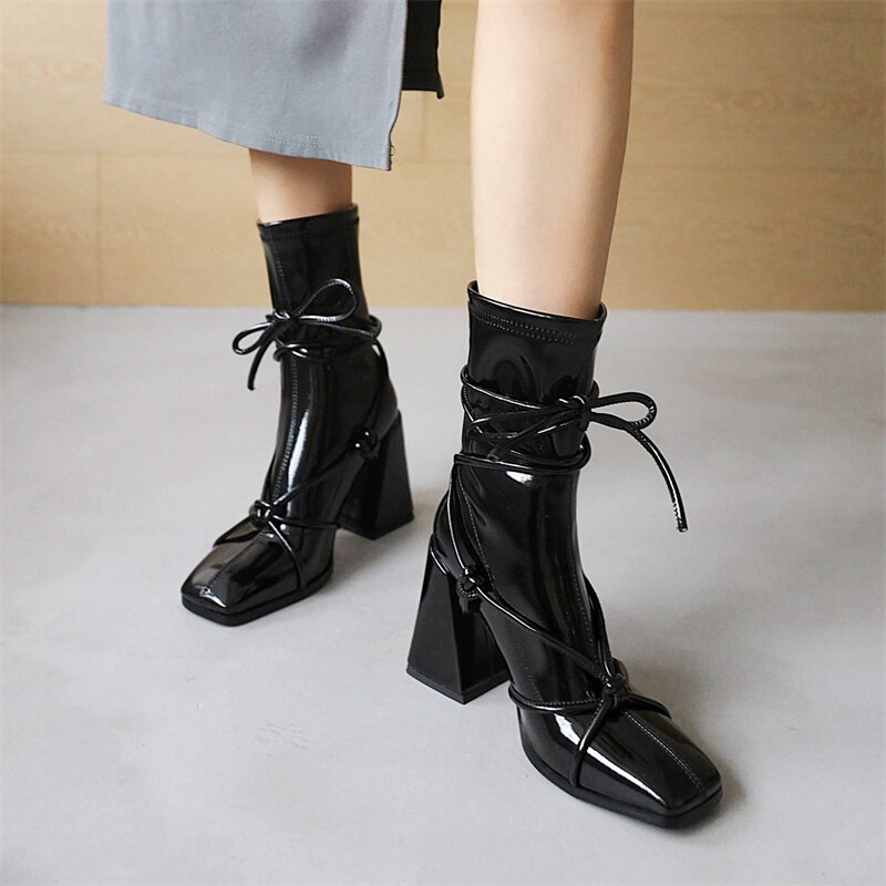 Botines negros de tacón alto para mujer, estilo gladiador punk, para otoño e invierno