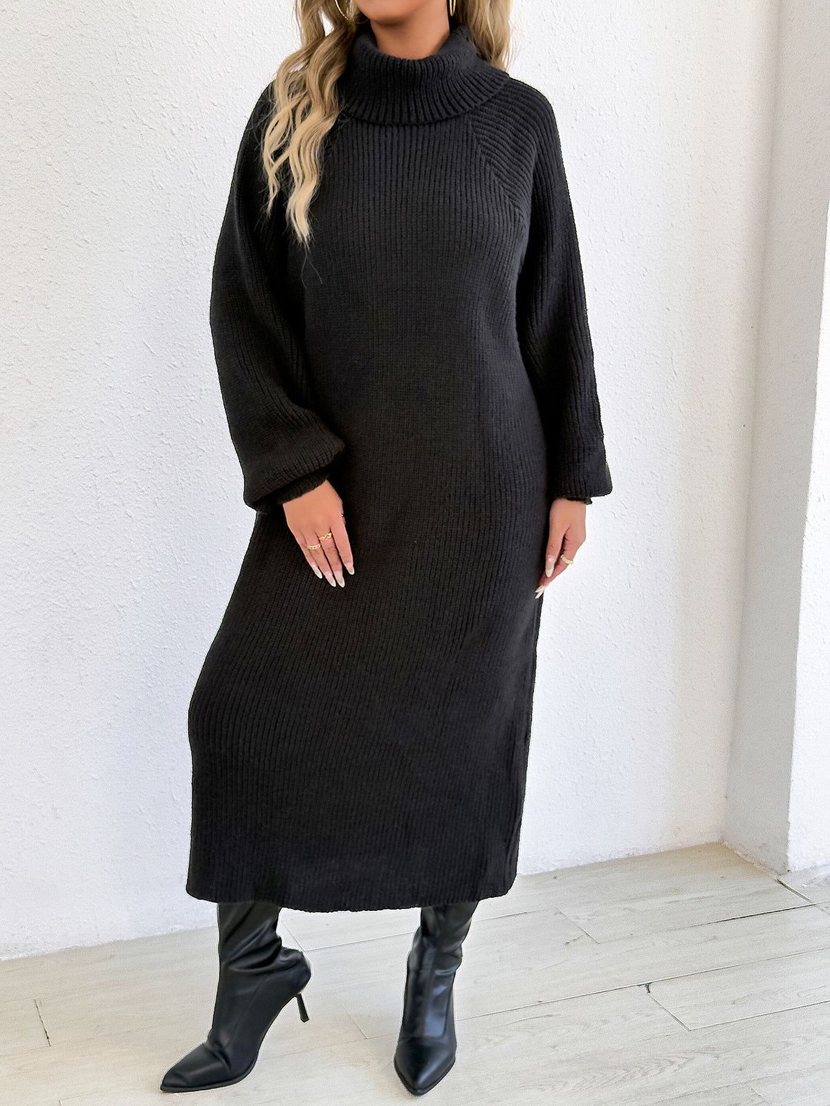 Vestido largo tipo jersey para mujer, holgado y casual, con cuello alto o vuelto, sin cinturón