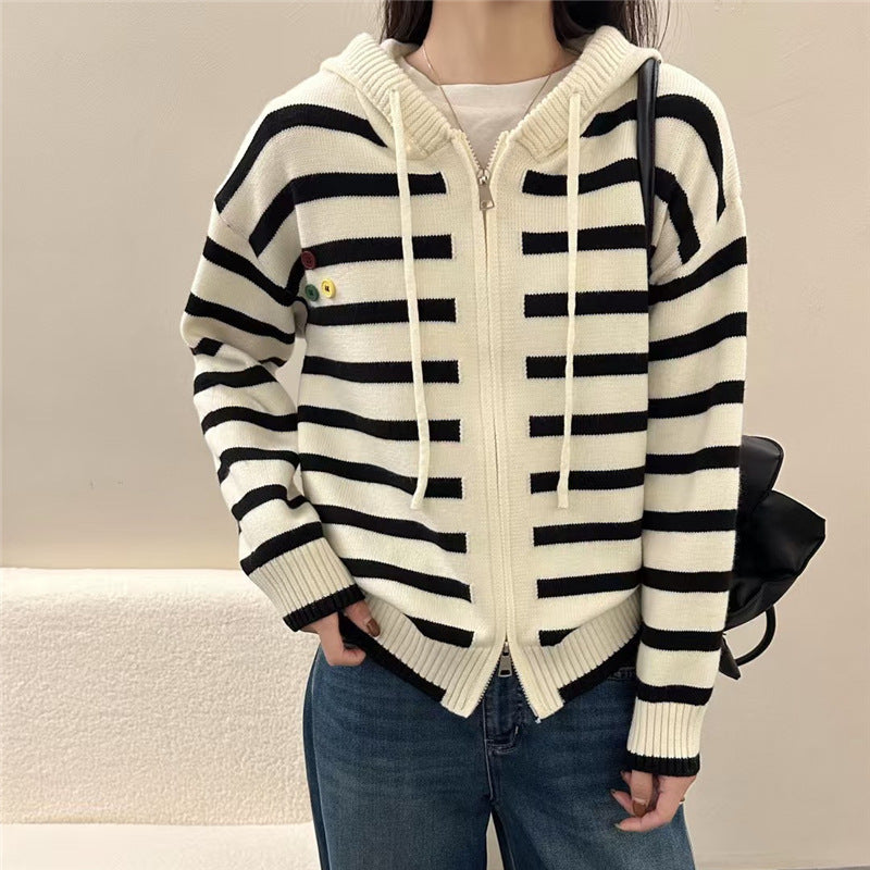 Chic Women's Striped Knit Cardigan Sweater with Unique Design