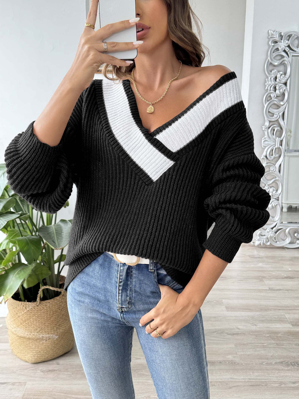 V-neck Loose Knit Sweater for Women, Oversized Pullover Sweater