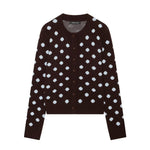 Button up round neck polka dot knit sweater jacket for women