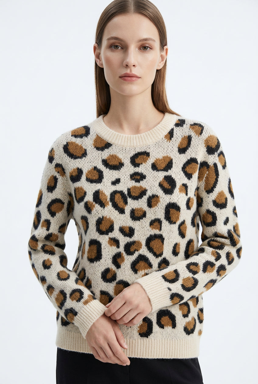 Jersey de manga larga con cuello redondo y estampado de leopardo