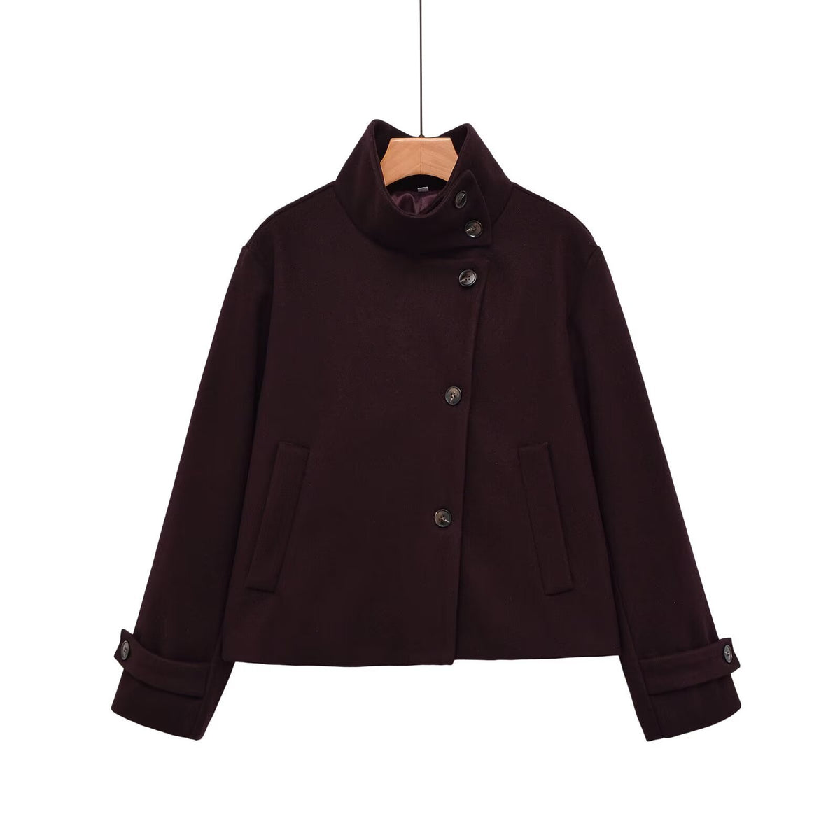 Slant breasted single breasted standing collar woolen coat for women