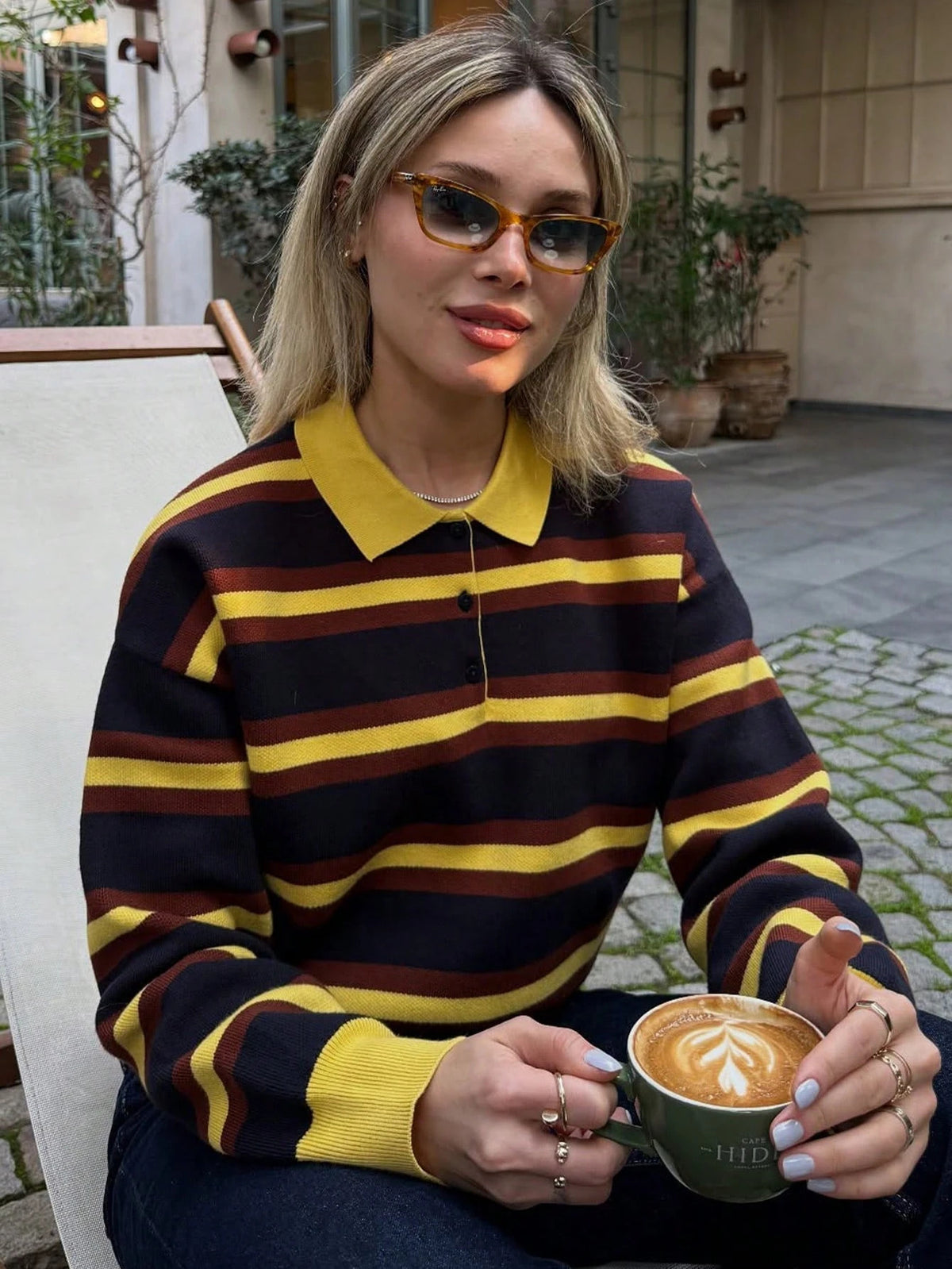 Color blocked striped Polo loose pullover sweater
