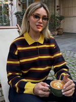 Color blocked striped Polo loose pullover sweater