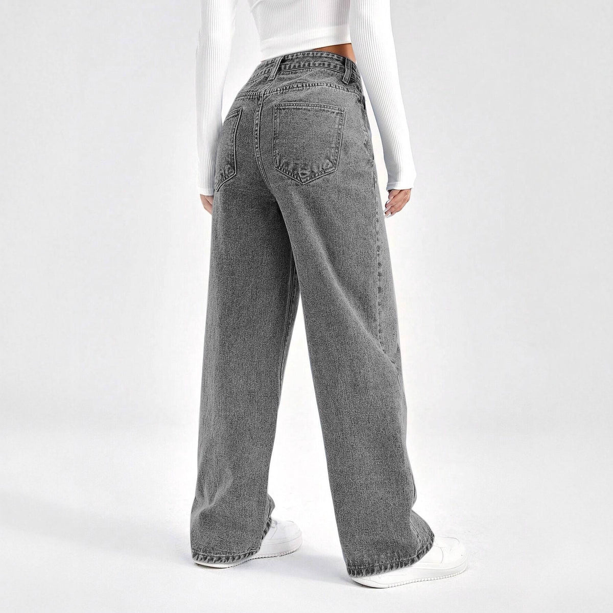 Denim pants women gray washed high waist loose wide leg jeans
