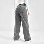 Denim pants women gray washed high waist loose wide leg jeans