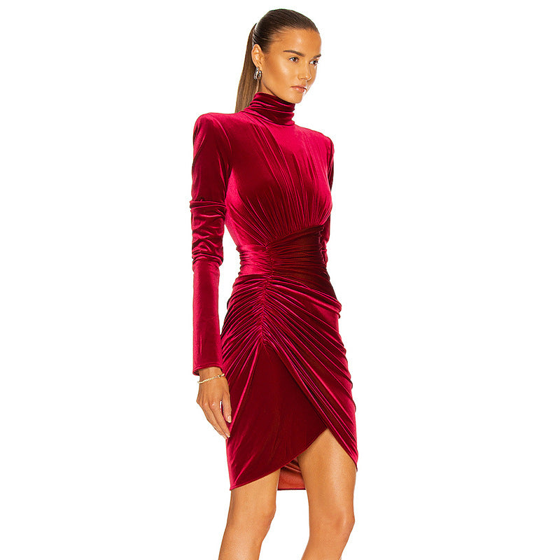 Vestido elegante de fiesta de franela, ajustado y plisado, con cuello alto y manga larga