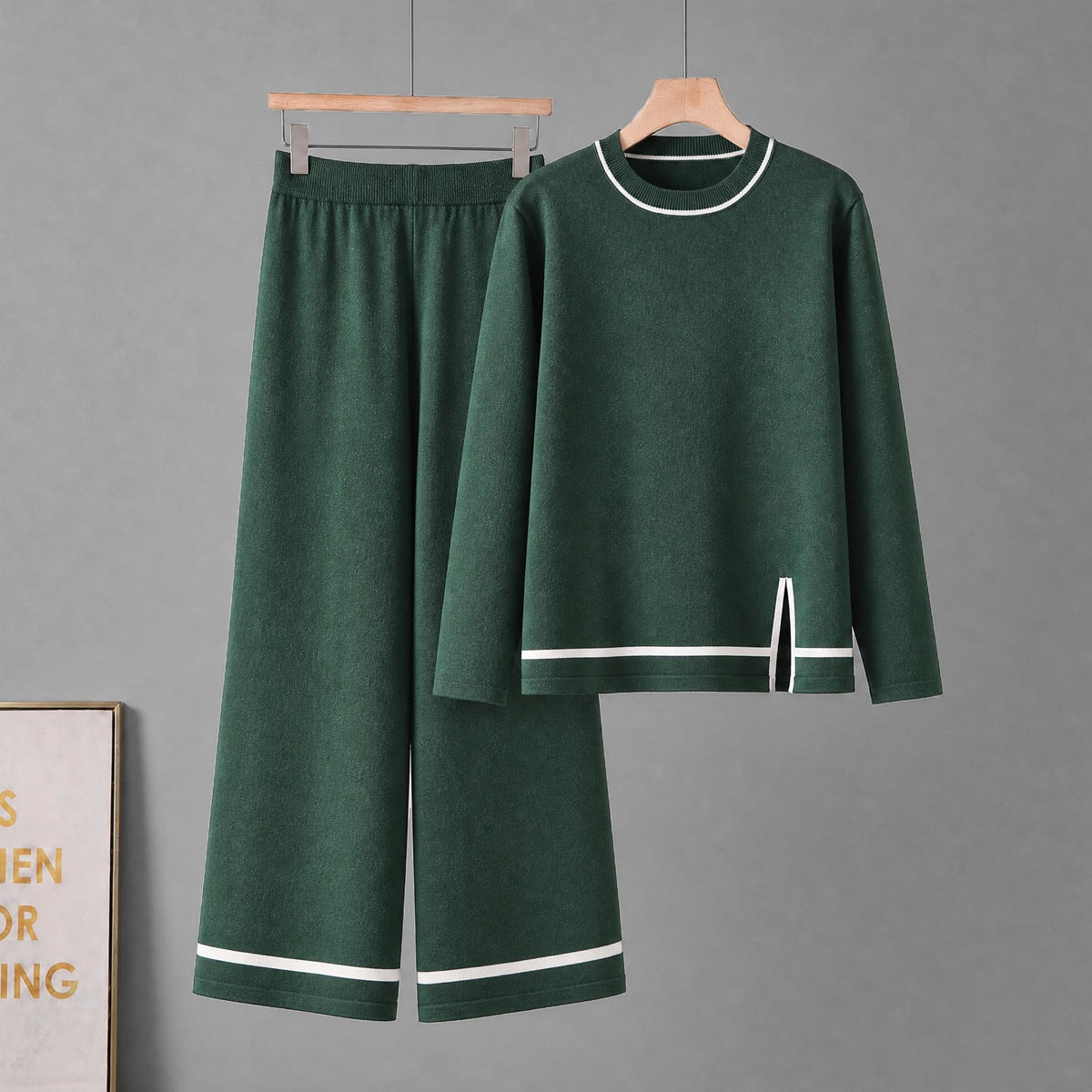Conjunto de dos piezas para mujer de manga larga con aberturas y pantalón de pernera ancha