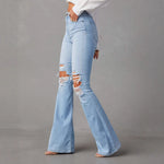 High Waist Ripped Denim Pants Women Streetwear Flare Jeans Long Pants