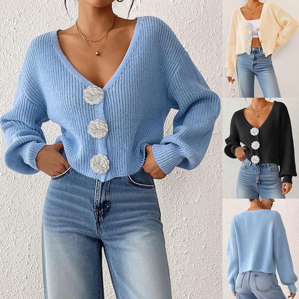 Women's Knit Sweater, Cropped Cardigan with Hand-Crocheted Floral Decoratio