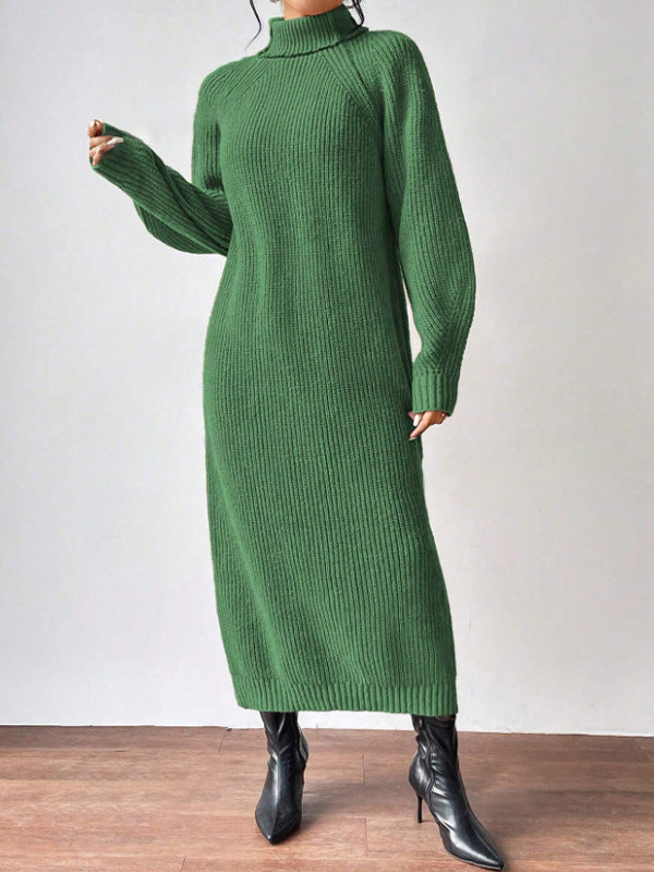 Vestido largo de punto liso para mujer con manga larga y cuello alto