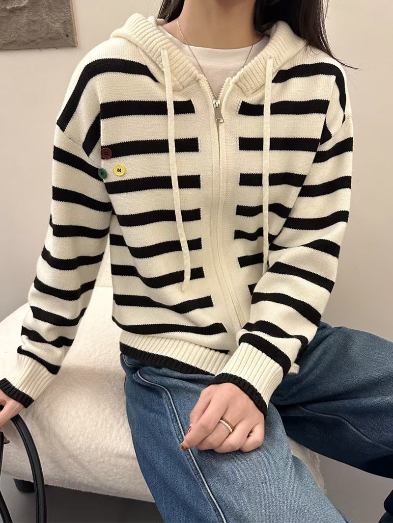 Chic Women's Striped Knit Cardigan Sweater with Unique Design