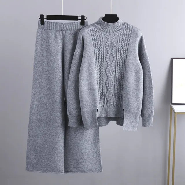 Conjunto de dos piezas para mujer con jersey y pantalón de pierna ancha, grueso y abrigado.