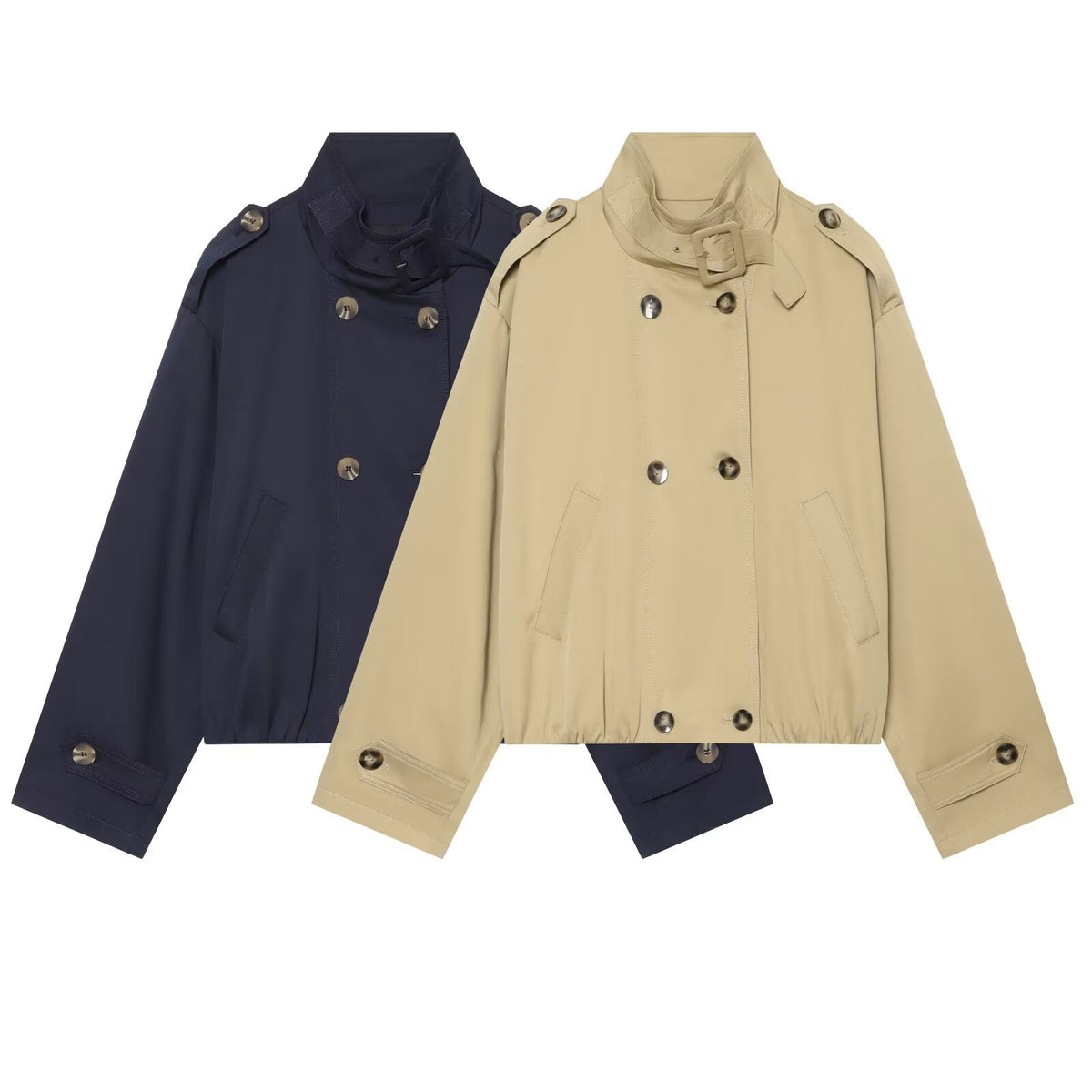 Loose double breasted shoulder strap stand up collar trench coat for women
