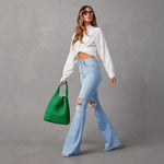 High Waist Ripped Denim Pants Women Streetwear Flare Jeans Long Pants